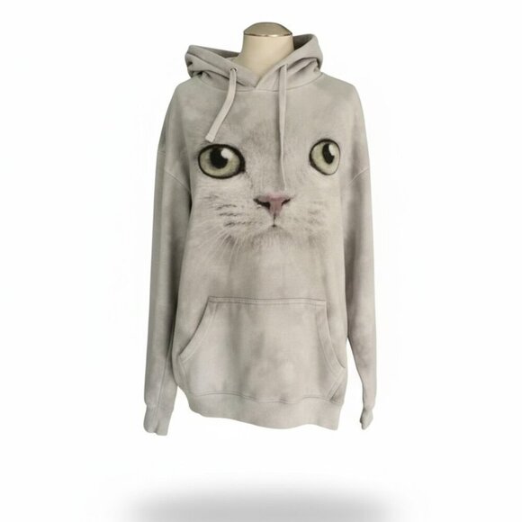 The Mountain Cat Face Hoodie Sweatshirt Gray M #73088 3D Graphic Animal Pullover - Picture 1 of 9